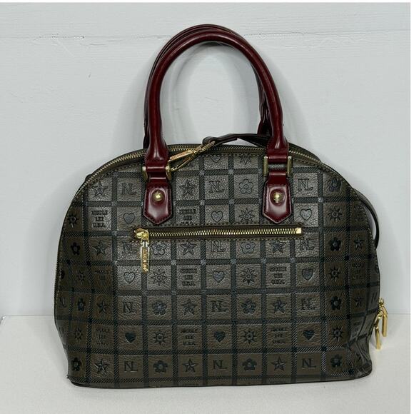 Nicole Lee Monogrammed Dome Satchel Handbag In Brown And Burgundy Red